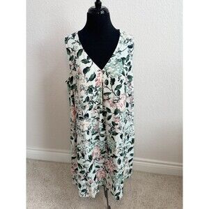 J. Jill Love Linen Shift Pleat Dress L Pet Pockets Knee Length Sleeveless Floral